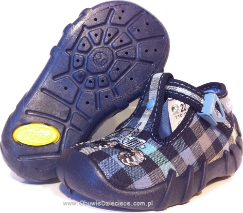 0-110P186 SPEEDY granatowo niebieska kratka kapcie buciki obuwie dziecięce poniemowlęce Befado  18-26
