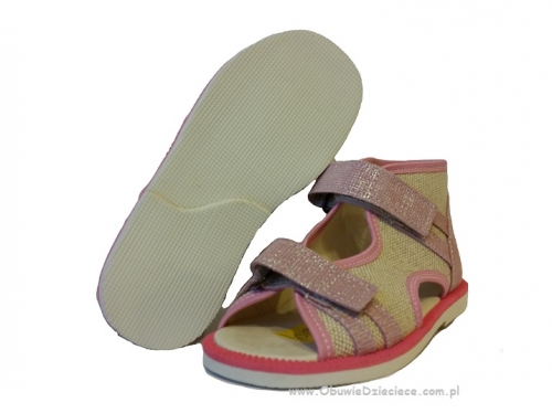 8-BS191/A MAJA różowo lniane z brokatem ortopedyczne profilaktyczne kapcie sandałki dziecięce przedszk. 22-29 buty Postęp